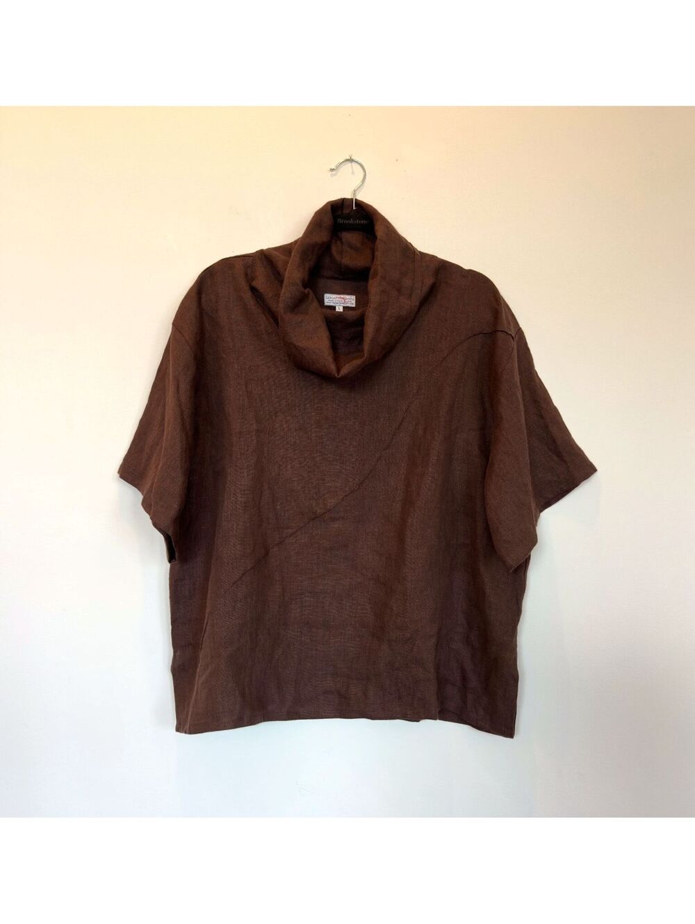 LeMair Handcrafts Linen Cowl Neck Top LARGE Brown Lagenlook Boxy Short Sleeve US - Picture 3 of 7